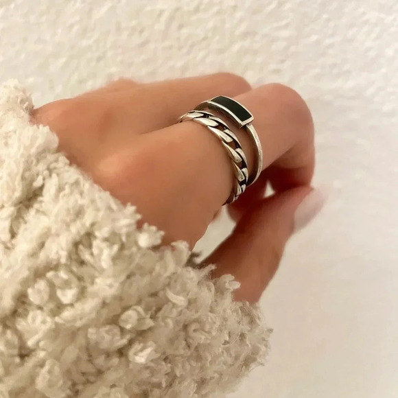 925 Sterling Silver Dainty Black Bar Ring Minimalist Stackable Ring Link Ring - Picture 6 of 7